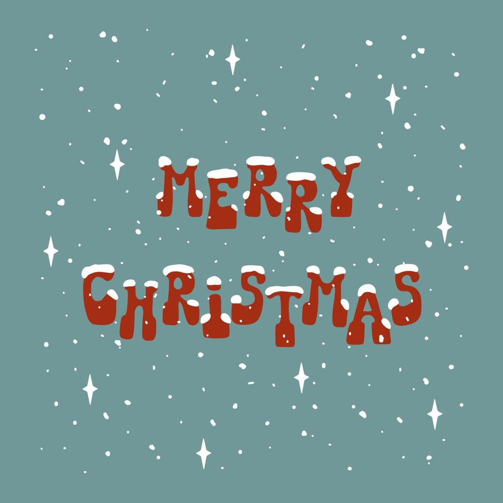 ilustración letras feliz navidad con copos de nieve en estilo retro sobre fondo verde vector