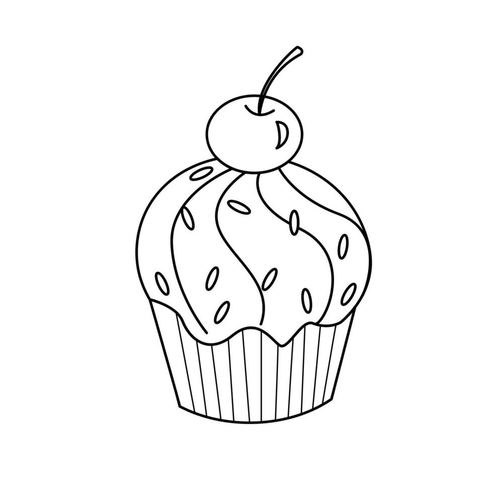 Cupcake doodle linear cute muffin with cherry tea party element on a white background hand drawn vector