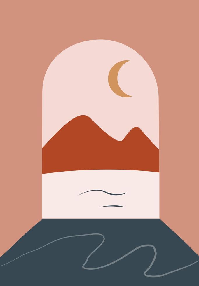 Minimalistic landscape in hand drawn flat style with arc, river, mountains, moon. Perfect for wall art in the style of mid century modern vector