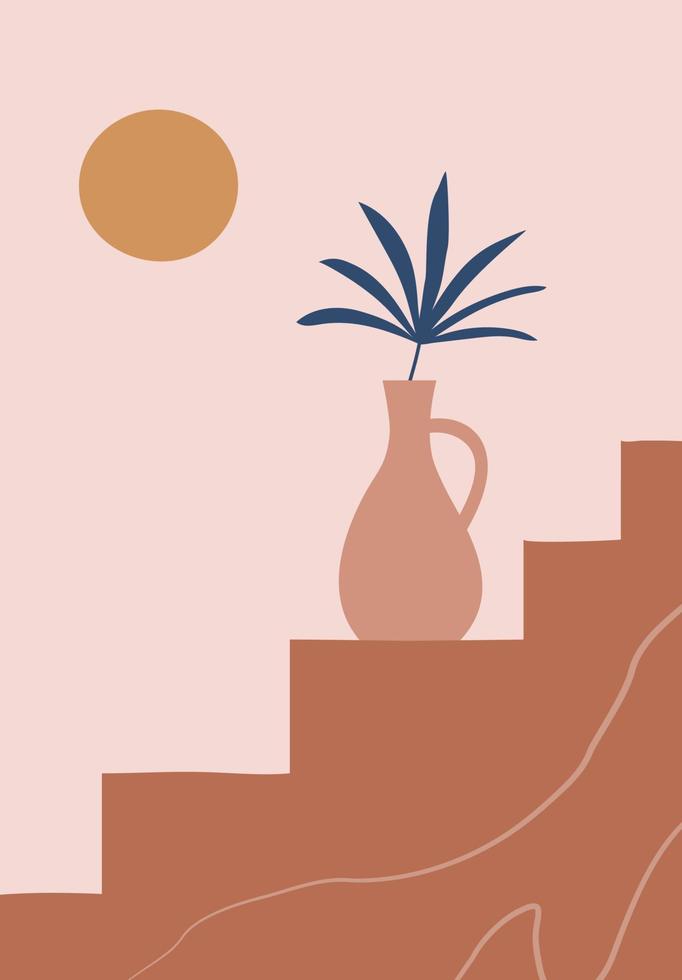 Minimalistic landscape in flat style with staircase, vase, leaves and sun. Perfect for wall art in the style of mid century modern vector