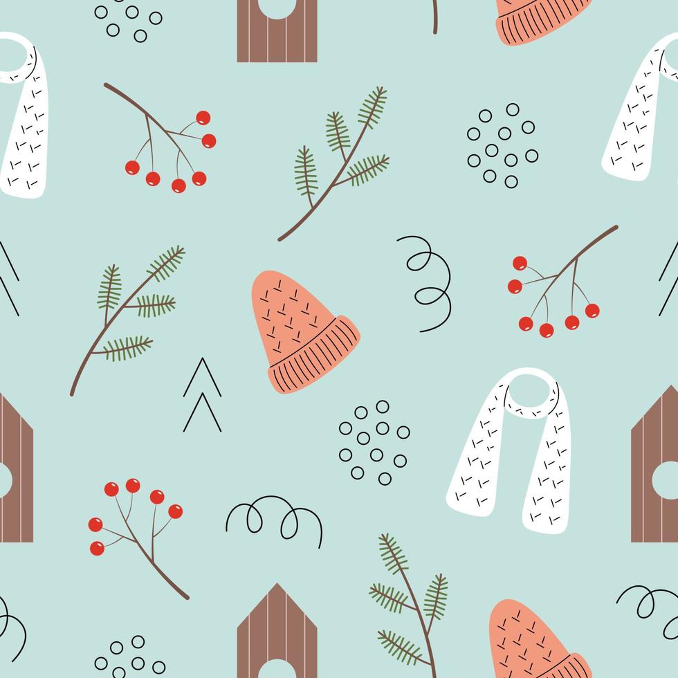 Seamless pattern with different cozy winter elements. Vector illustration in pastel blue color