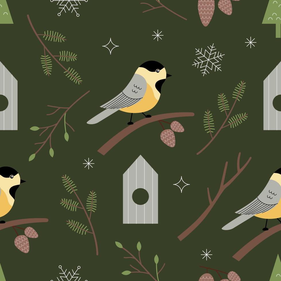 patrón impecable con pájaro titmouse, ramas, copos de nieve sobre un fondo verde oscuro. ilustración de vector de invierno botánico en estilo acogedor dibujado a mano. perfecto para envolver papel, papel tapiz, tela