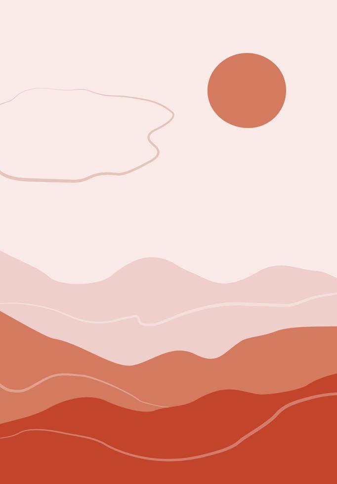 paisaje minimalista del desierto con colinas y sol. ilustración en estilo plano. perfecto para el arte de la pared al estilo de mediados de siglo moderno vector