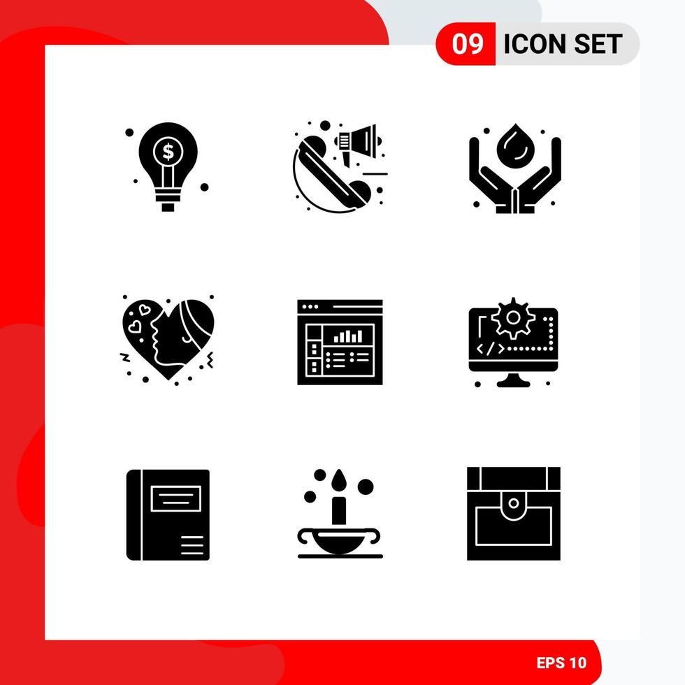 Set of 9 Commercial Solid Glyphs pack for hearts emotion marketing