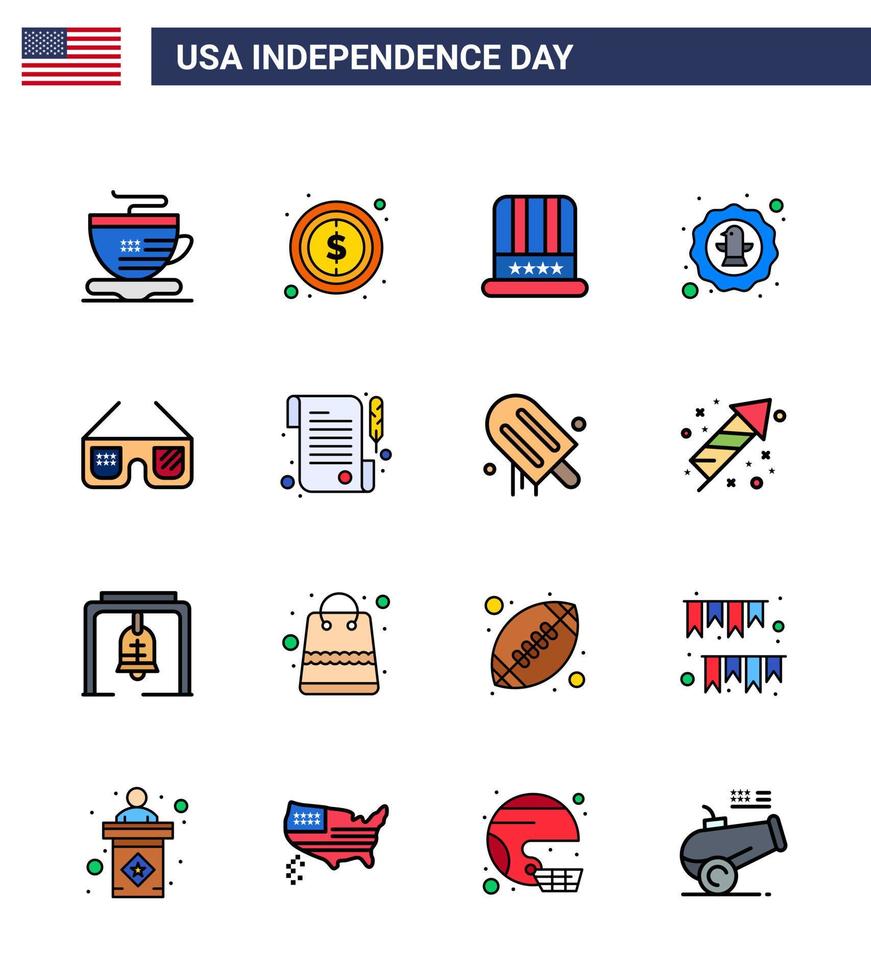 Stock Vector Icon Pack of American Day 16 Line Signs and Symbols for glasses badge cap eagle bird Editable USA Day Vector Design Elements