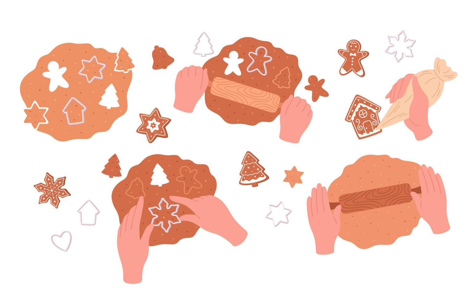 Christmas cookies. Process of making homemade cookies. Forms for cutting gingerbread. Merry Christmas and Happy Holidays vector