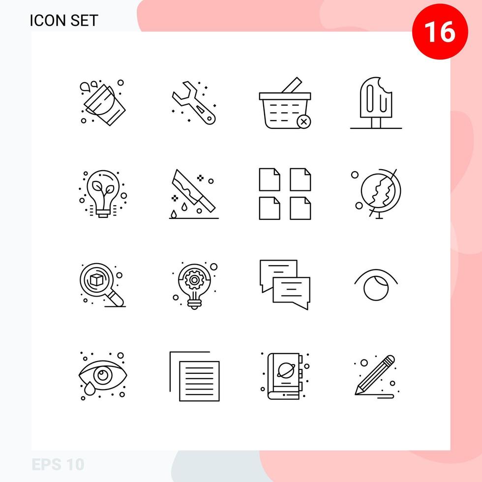 Editable Vector Line Pack of 16 Simple Outlines of light ice cream basket ice cold Editable Vector Design Elements