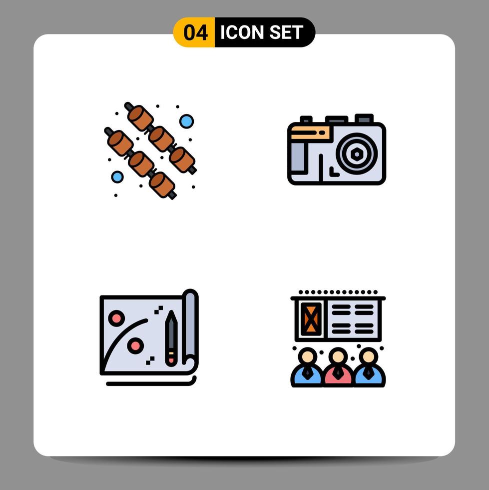Pack of 4 Modern Filledline Flat Colors Signs and Symbols for Web Print Media such as food lecture camera achievement training Editable Vector Design Elements