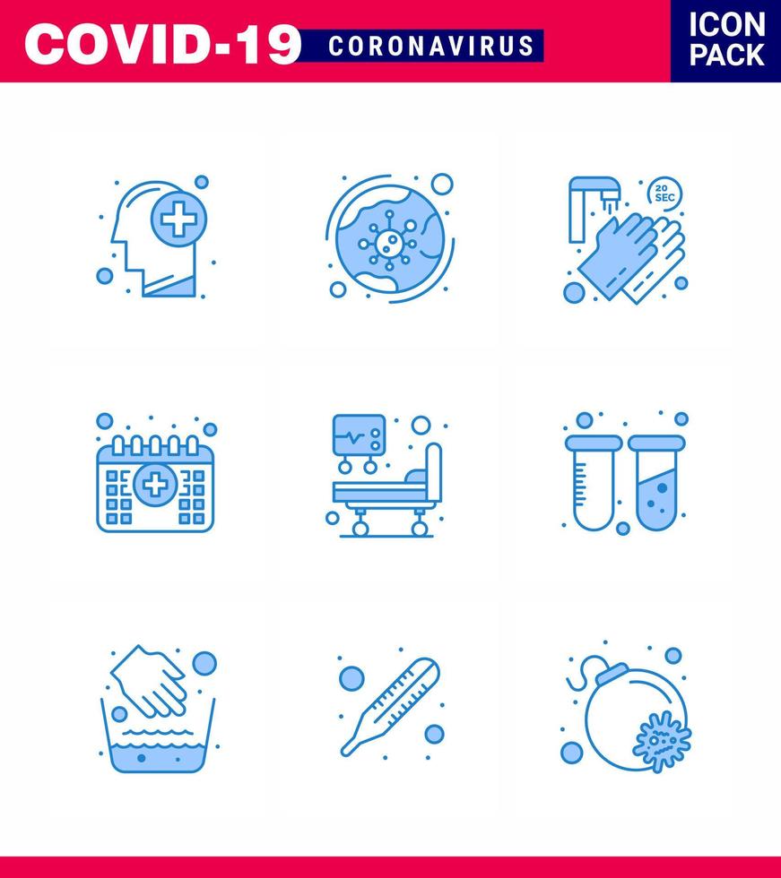 25 conjunto de iconos de emergencia de coronavirus diseño azul como cama de hospital calendario de infección médica veinte segundos coronavirus viral 2019nov elementos de diseño de vectores de enfermedad