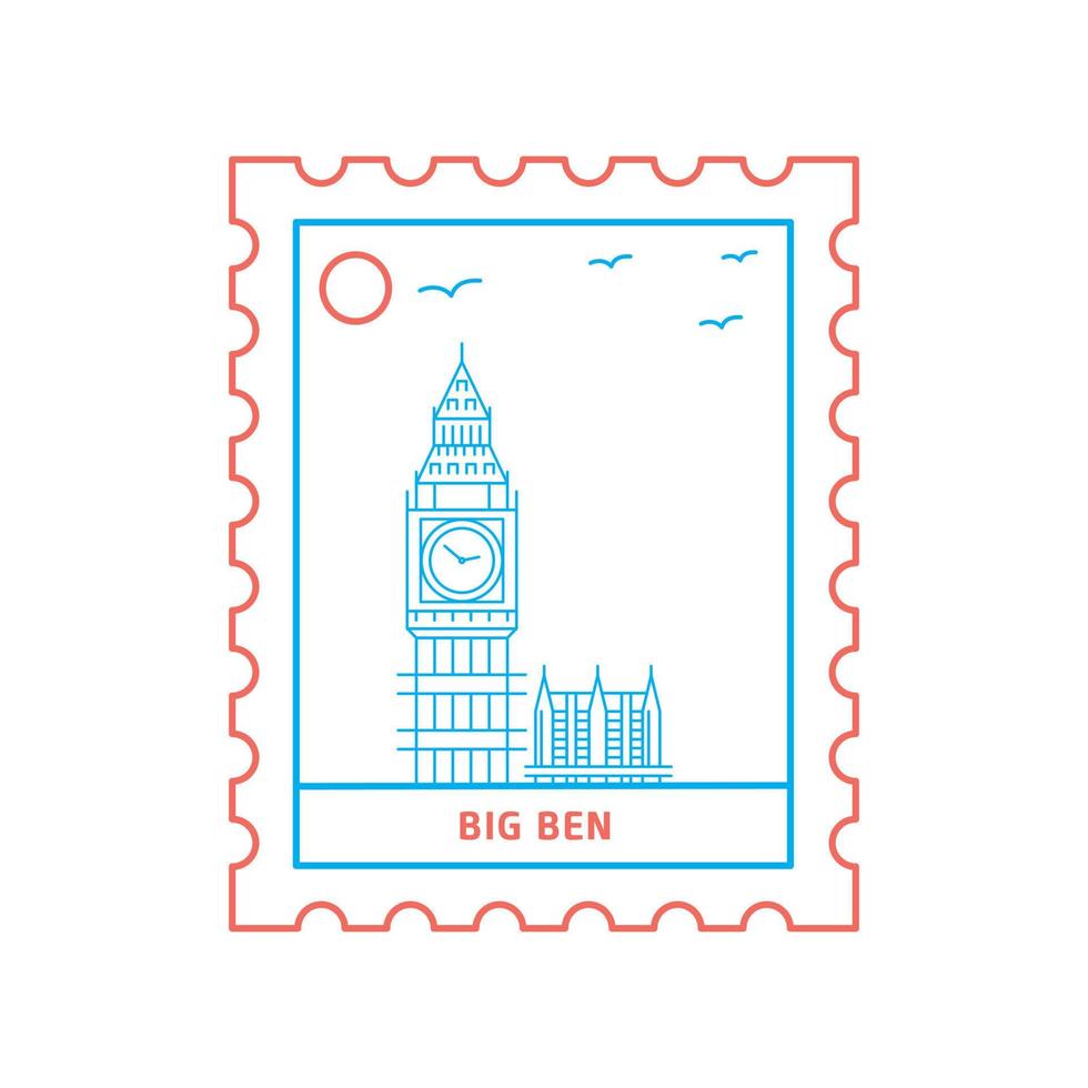 BIG BEN postage stamp Blue and red Line Style vector illustration