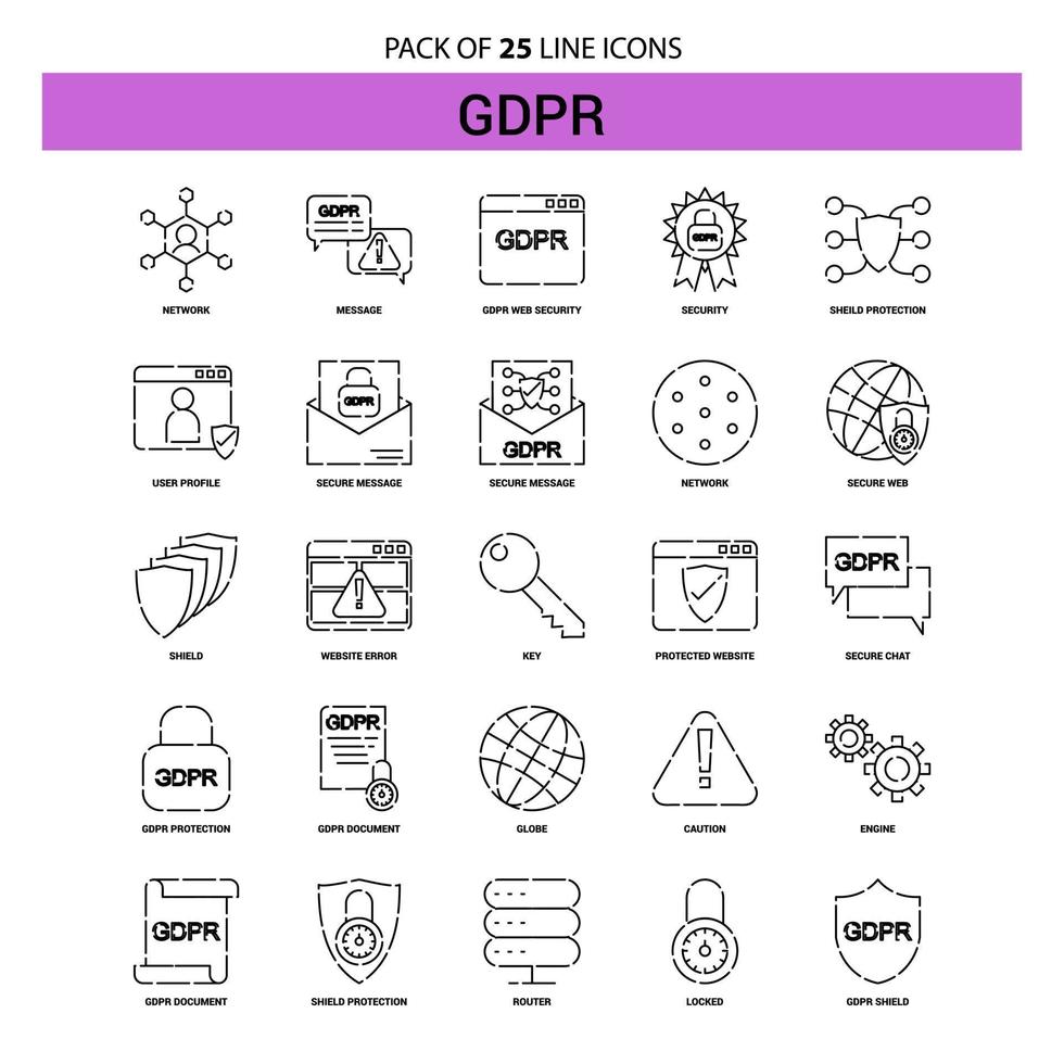 GDPR Line Icon Set 25 Dashed Outline Style vector