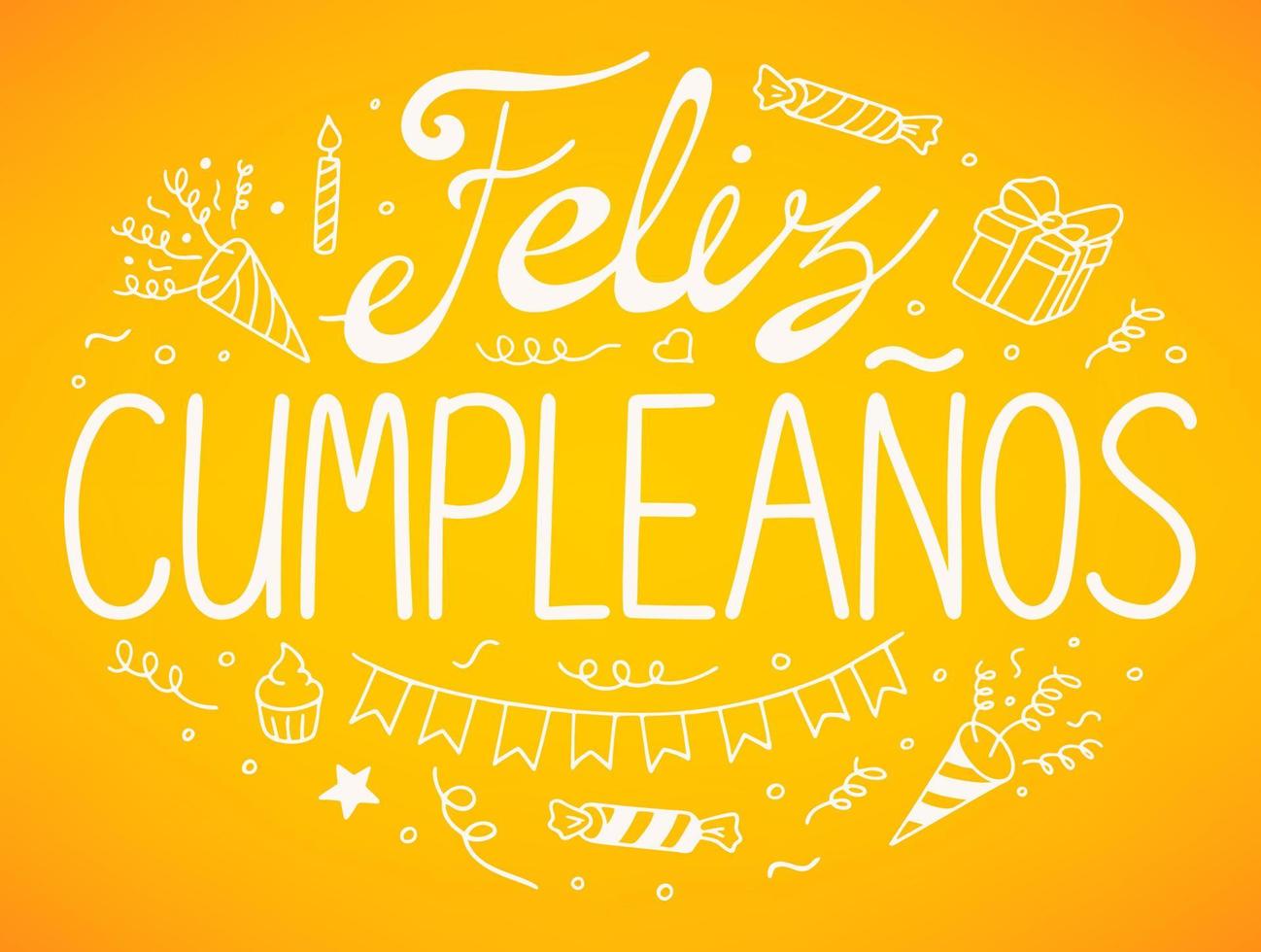 Happy Birthday lettering on Spanish. Handwritten text Feliz cumpleanos with doodle element. Vector illustration for congratulation card, banner and other birthday party design.