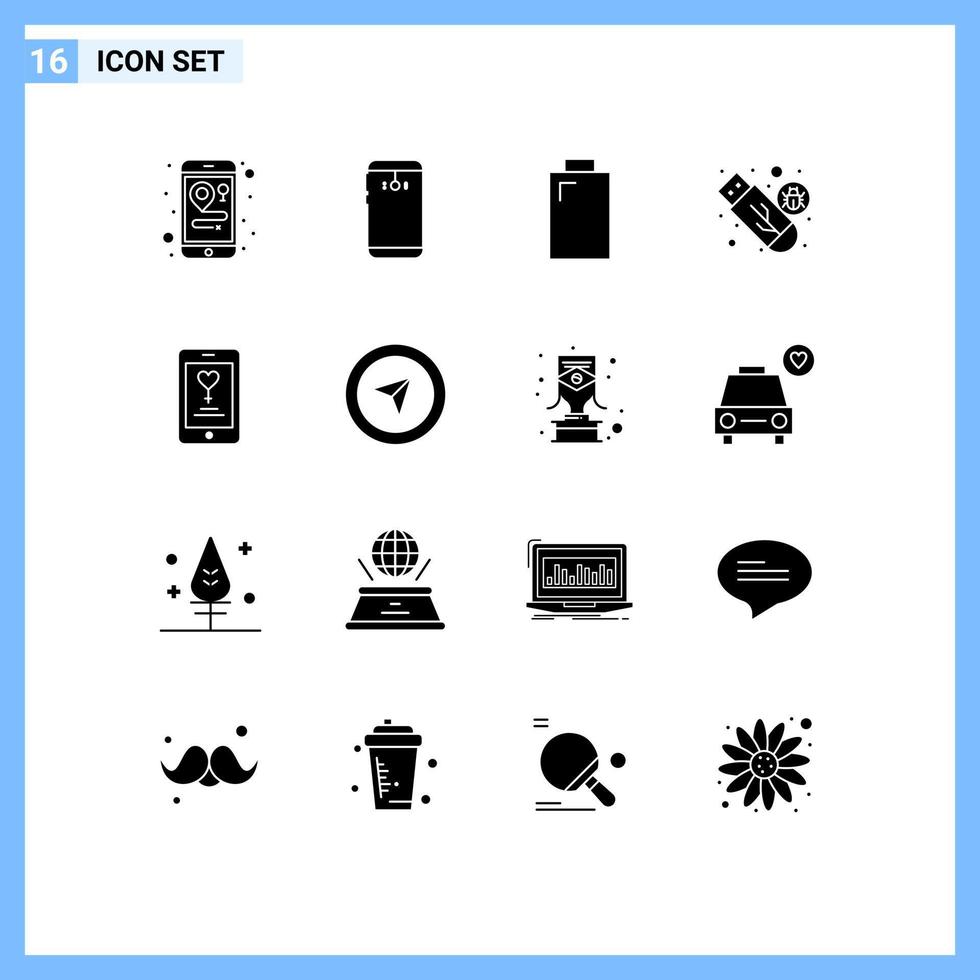 16 User Interface Solid Glyph Pack of modern Signs and Symbols of mobile virus battery usb malware Editable Vector Design Elements
