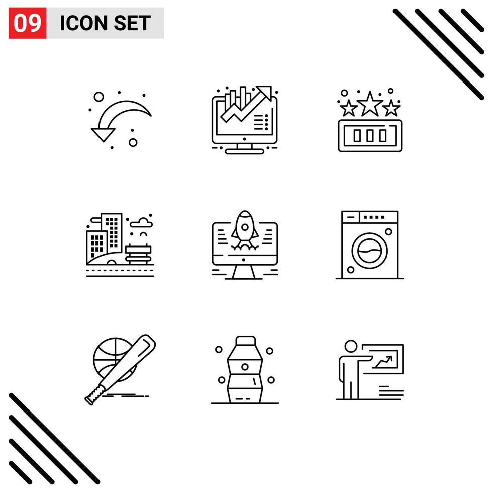 9 Universal Outlines Set for Web and Mobile Applications rocket park high score building city Editable Vector Design Elements
