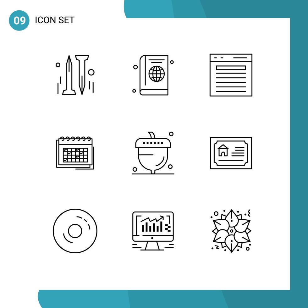9 User Interface Outline Pack of modern Signs and Symbols of planning date add business website Editable Vector Design Elements