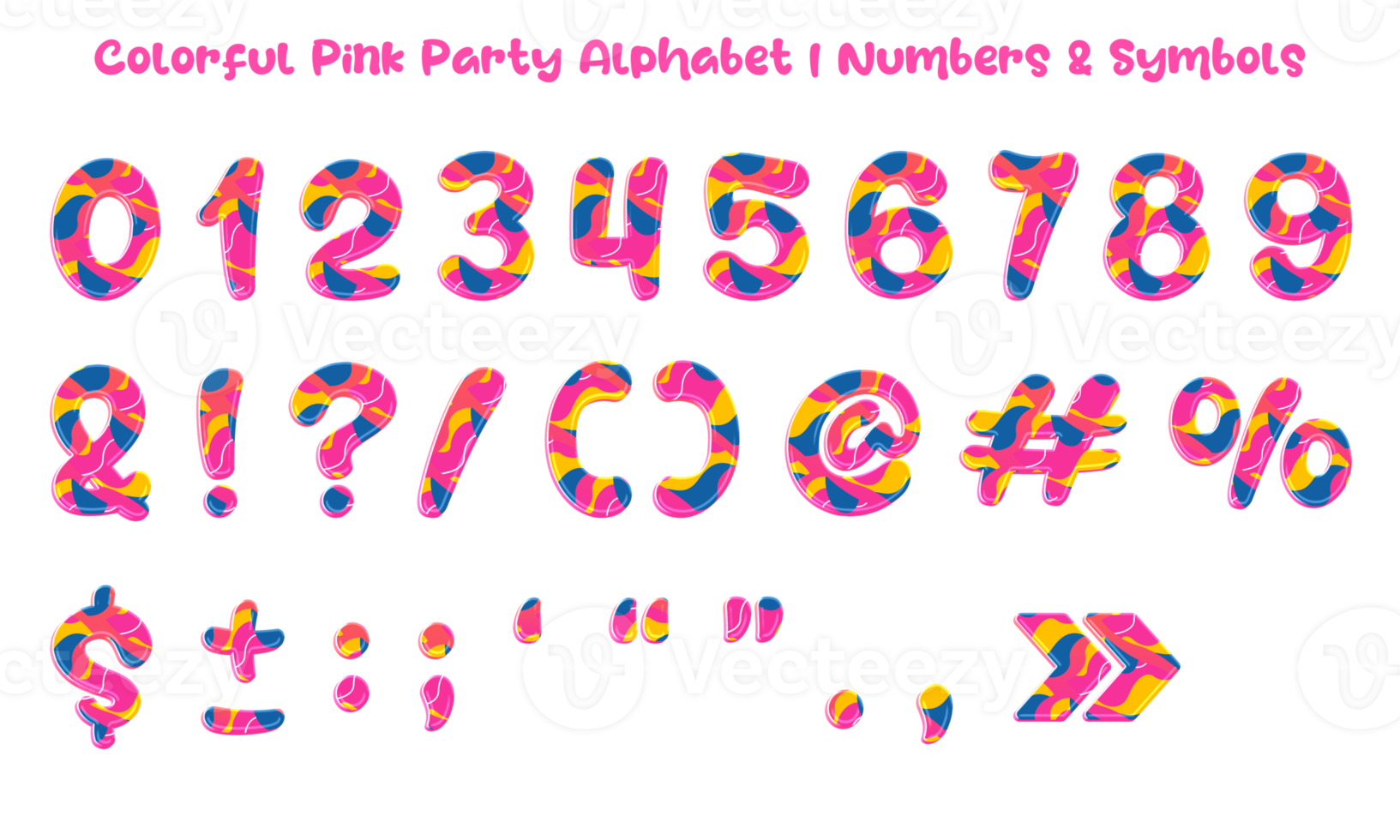 Colorful Pink Party Alphabet Set of letters, numbers, and symbols. png