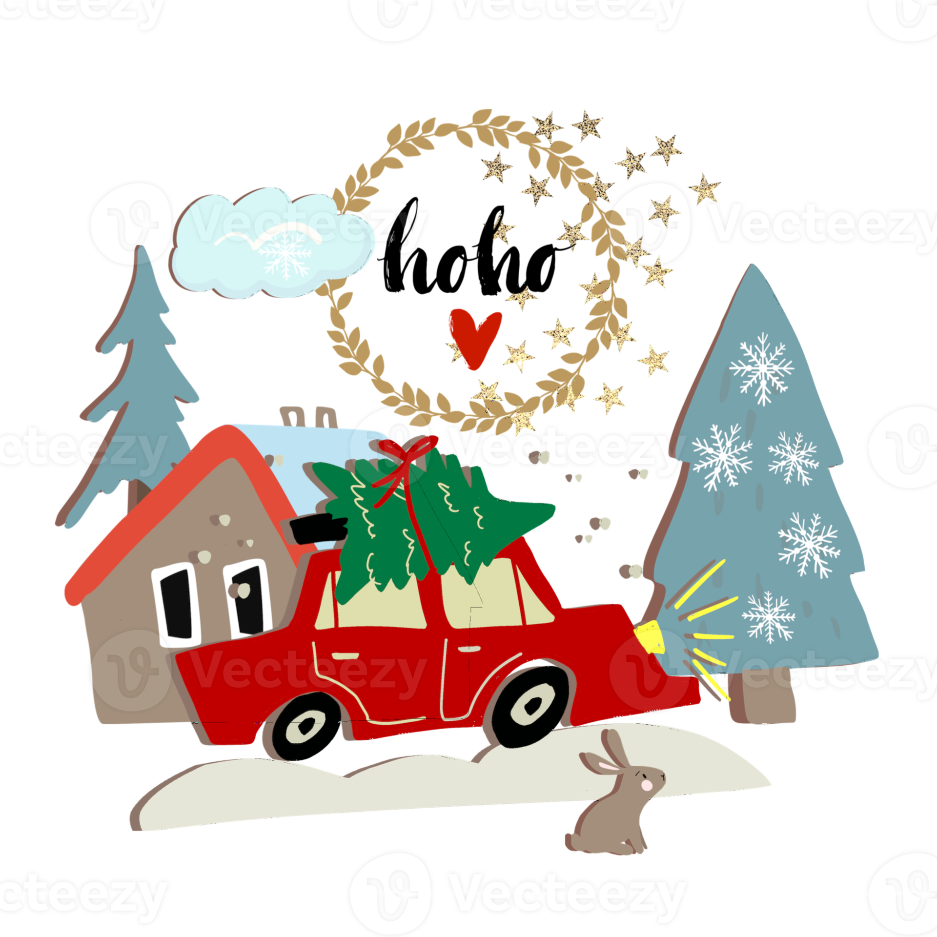 Christmas, Holiday, New year illustration, Red car, Christmas tree