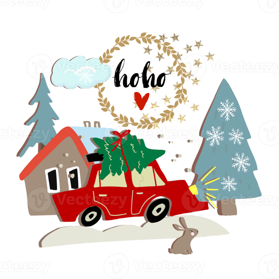 jul, Semester, ny år illustration, röd bil, jul träd, hus, rolig text. png