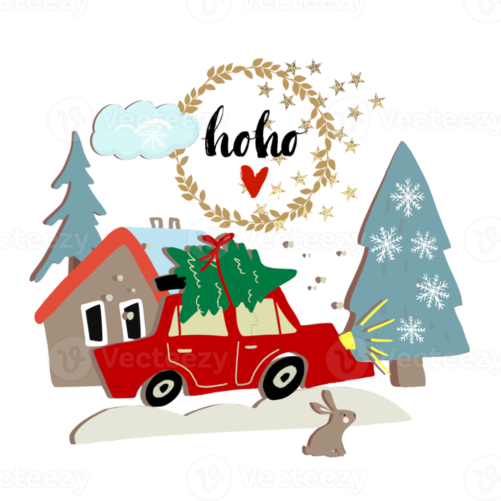 noël, vacances, illustration du nouvel an, voiture rouge, arbre de noël, maison, lettrage drôle. png