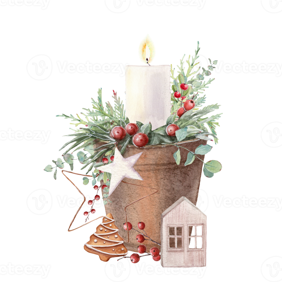 Christmas, Holiday, New year design. Christmas tree, berry, orange, candle, flowers. png