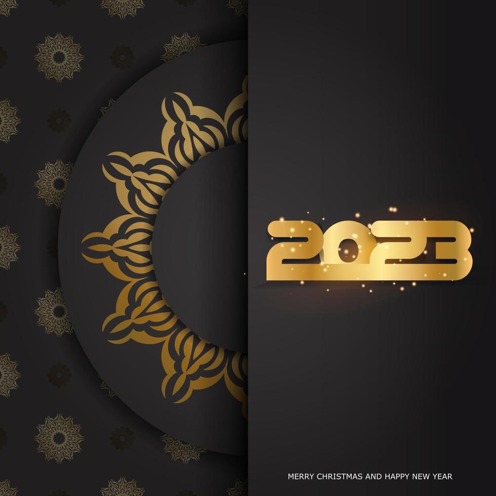 patrón dorado sobre negro. feliz año nuevo 2023 banner de saludo. vector