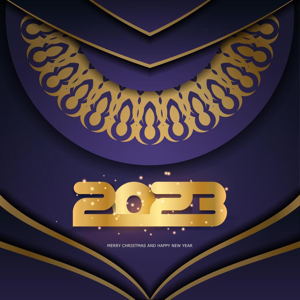 Happy New Year 2023 festive postcard. Golden pattern on Blue. vector