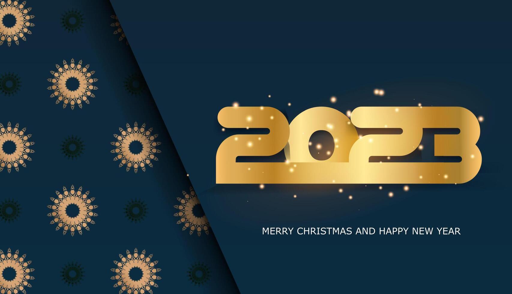 Afiche de saludo de feliz año nuevo 2023. color azul y dorado. vector