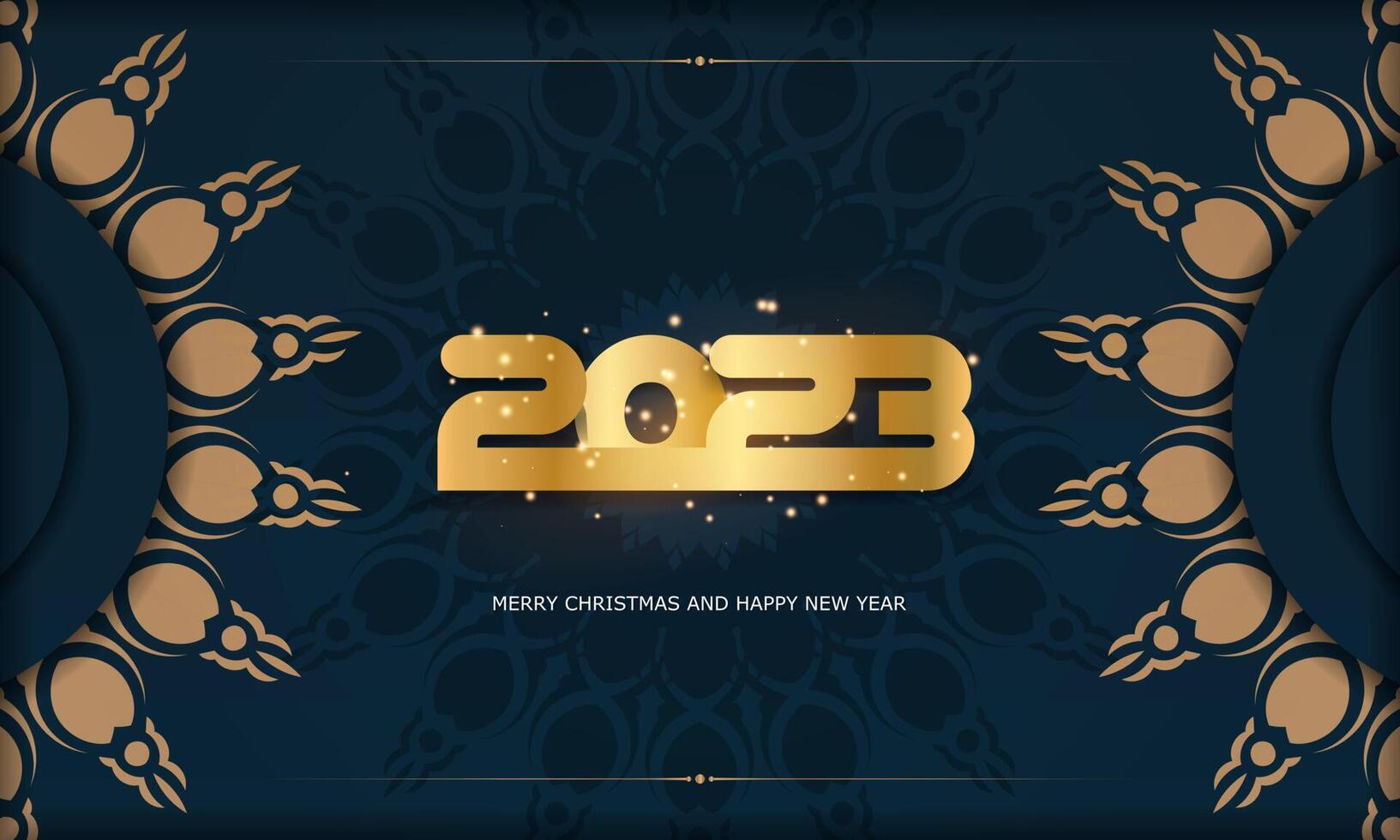 Afiche de saludo de feliz año nuevo 2023. color azul y dorado. vector