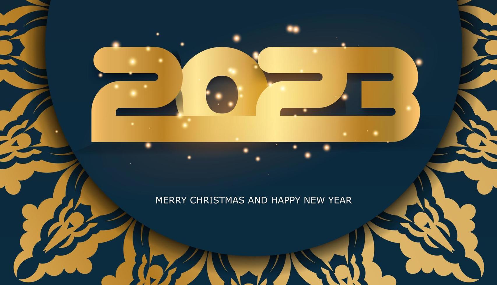 Afiche de vacaciones de feliz año nuevo 2023. color azul y dorado. vector