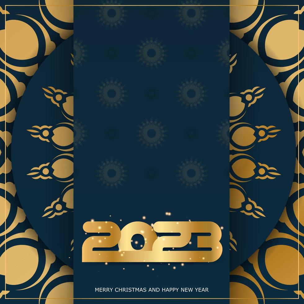 2023 Happy New Year greeting card. Golden pattern on Blue. vector