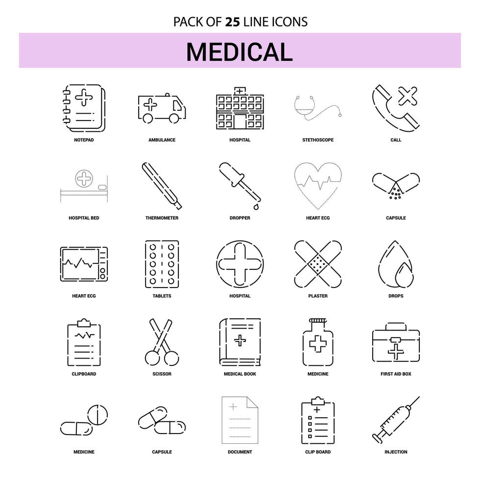 conjunto de iconos de línea médica 25 estilo de contorno discontinuo vector