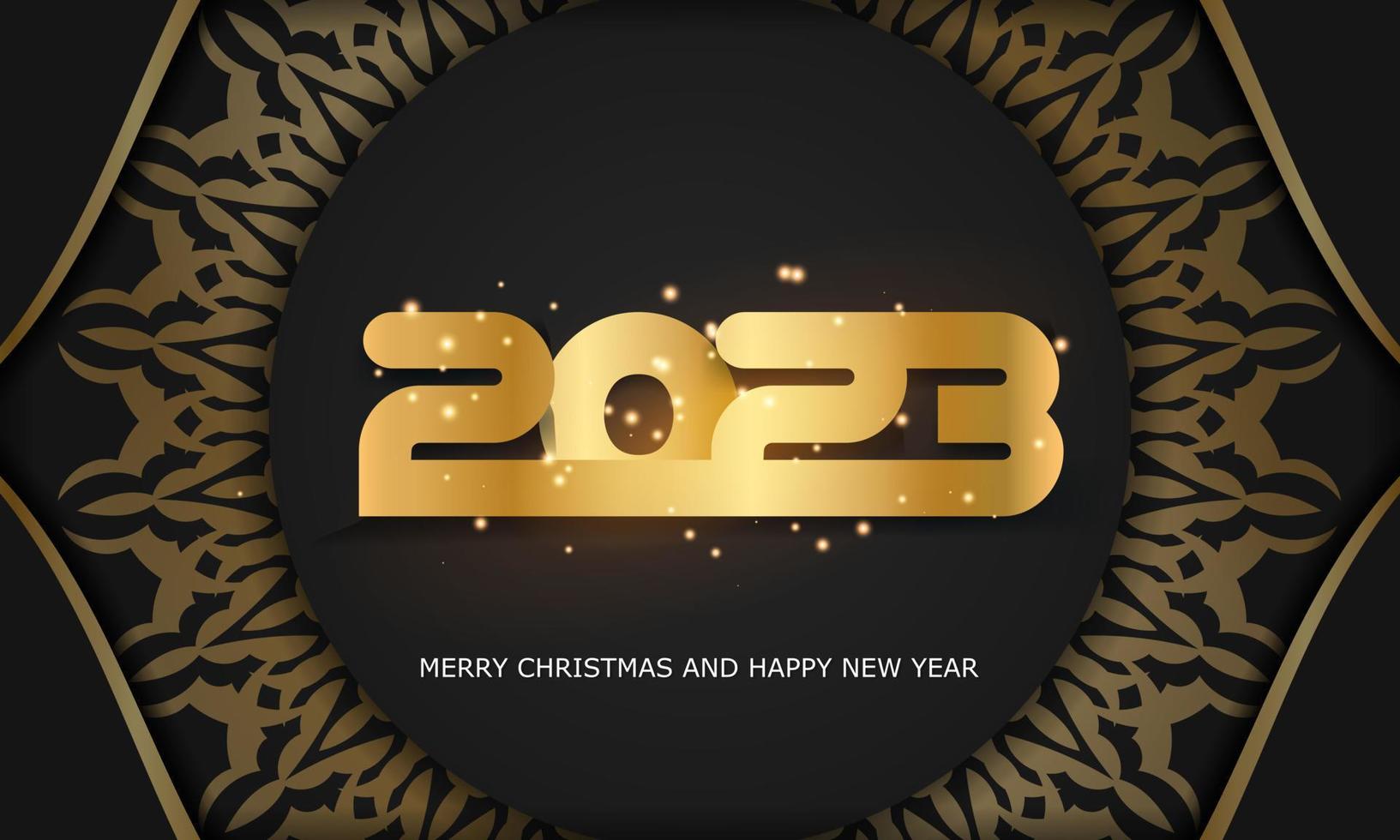 feliz cartel de vacaciones de año nuevo 2023. color negro y dorado. vector