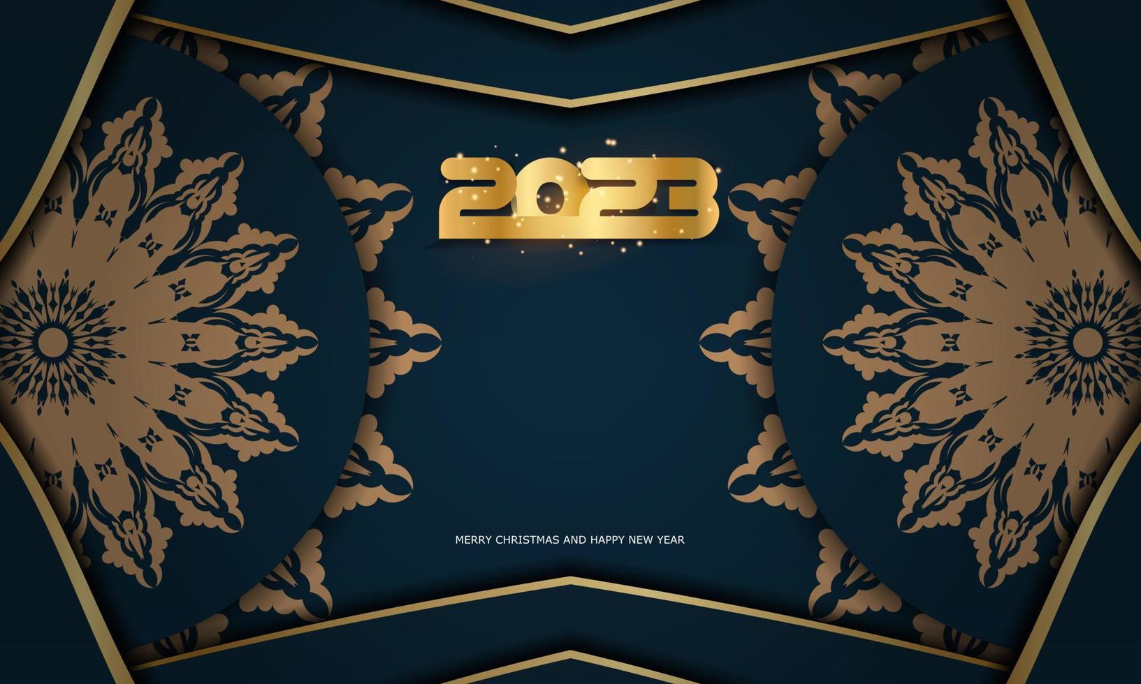 Happy New Year 2023 holiday banner. Golden pattern on Blue. vector