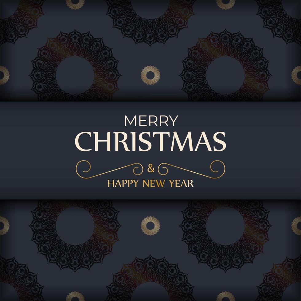 Happy New Year greeting card template in dark blue color with vintage pattern vector