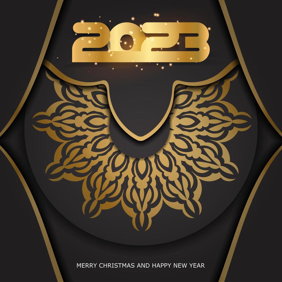 patrón dorado sobre negro. Postal festiva de feliz año nuevo 2023. vector