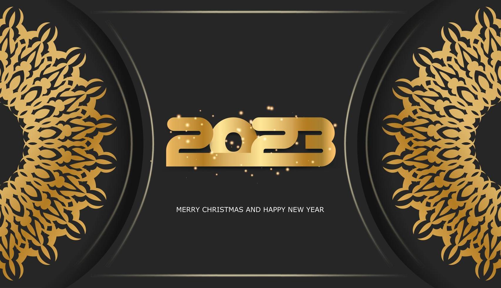 2023 happy new year greeting poster. Golden pattern on black. vector