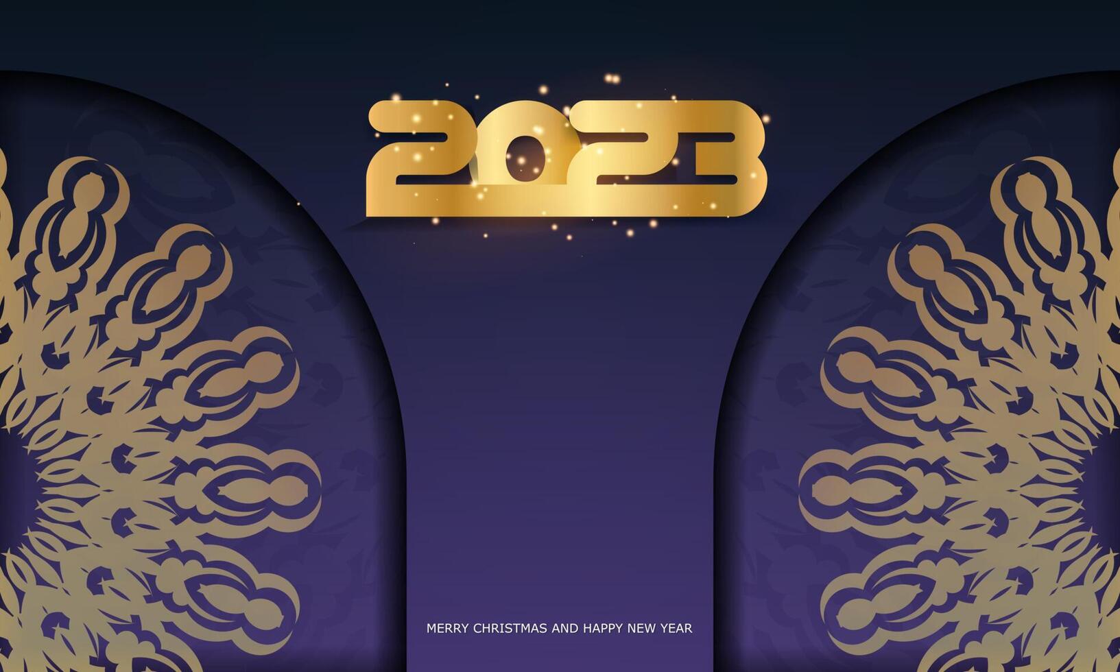 color azul y dorado. Afiche de saludo de feliz año nuevo 2023. vector