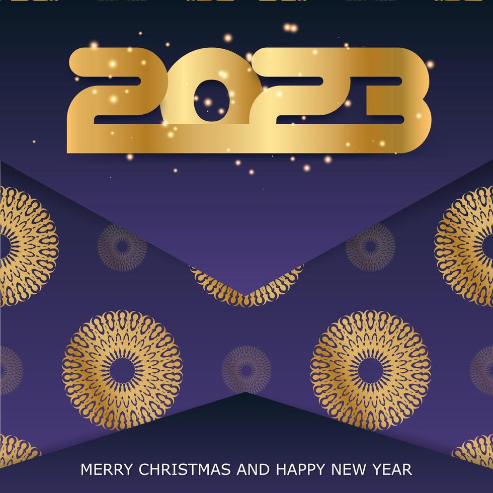 Afiche de vacaciones de feliz año nuevo 2023. patrón dorado en azul. vector