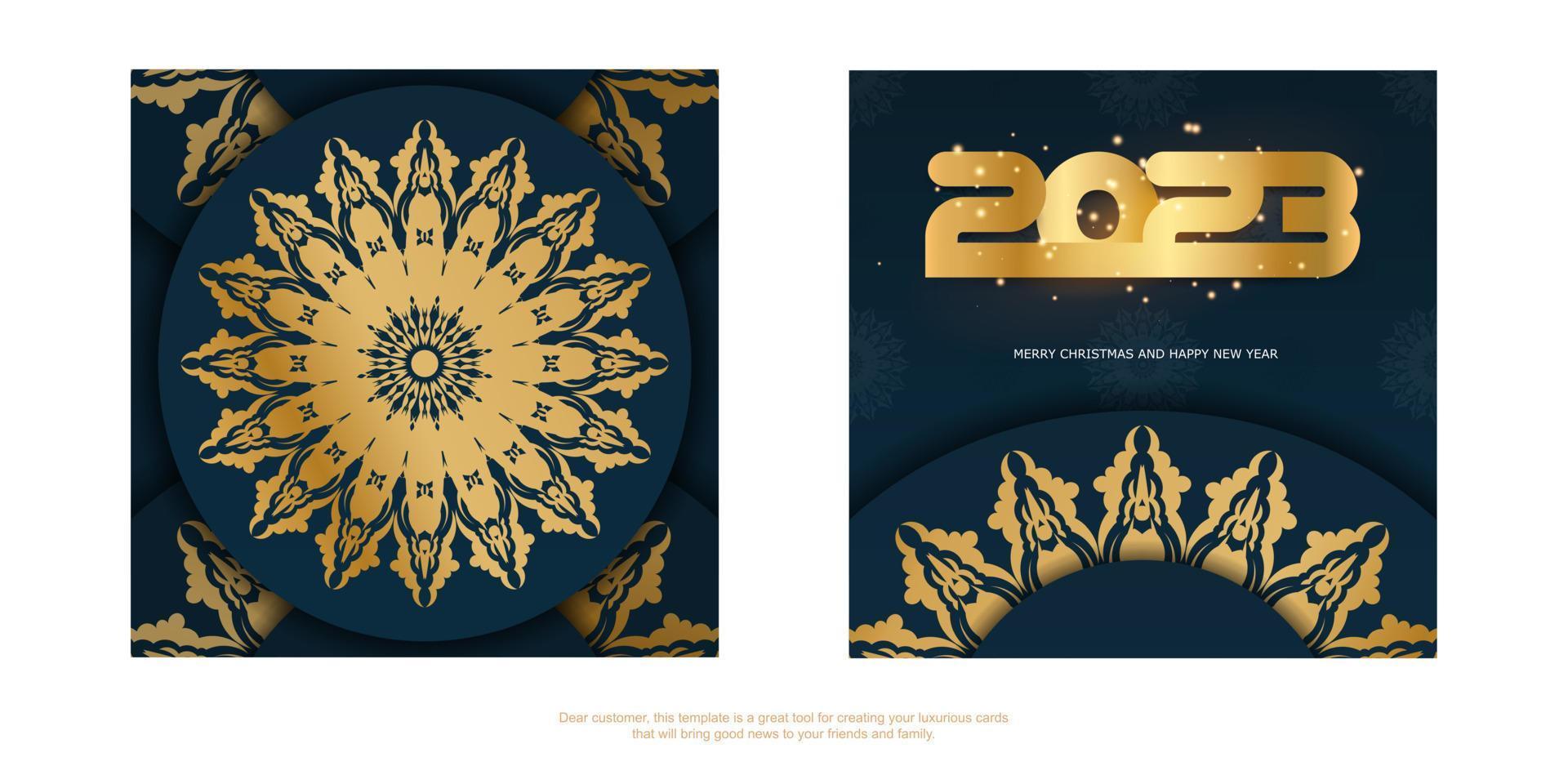 color azul y dorado. feliz año nuevo 2023 banner de saludo. vector