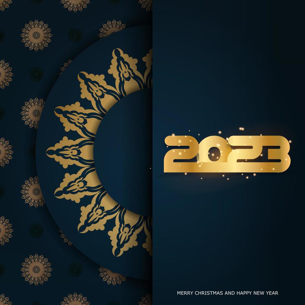 Blue and gold color. 2023 Happy New Year festive postcard. vector