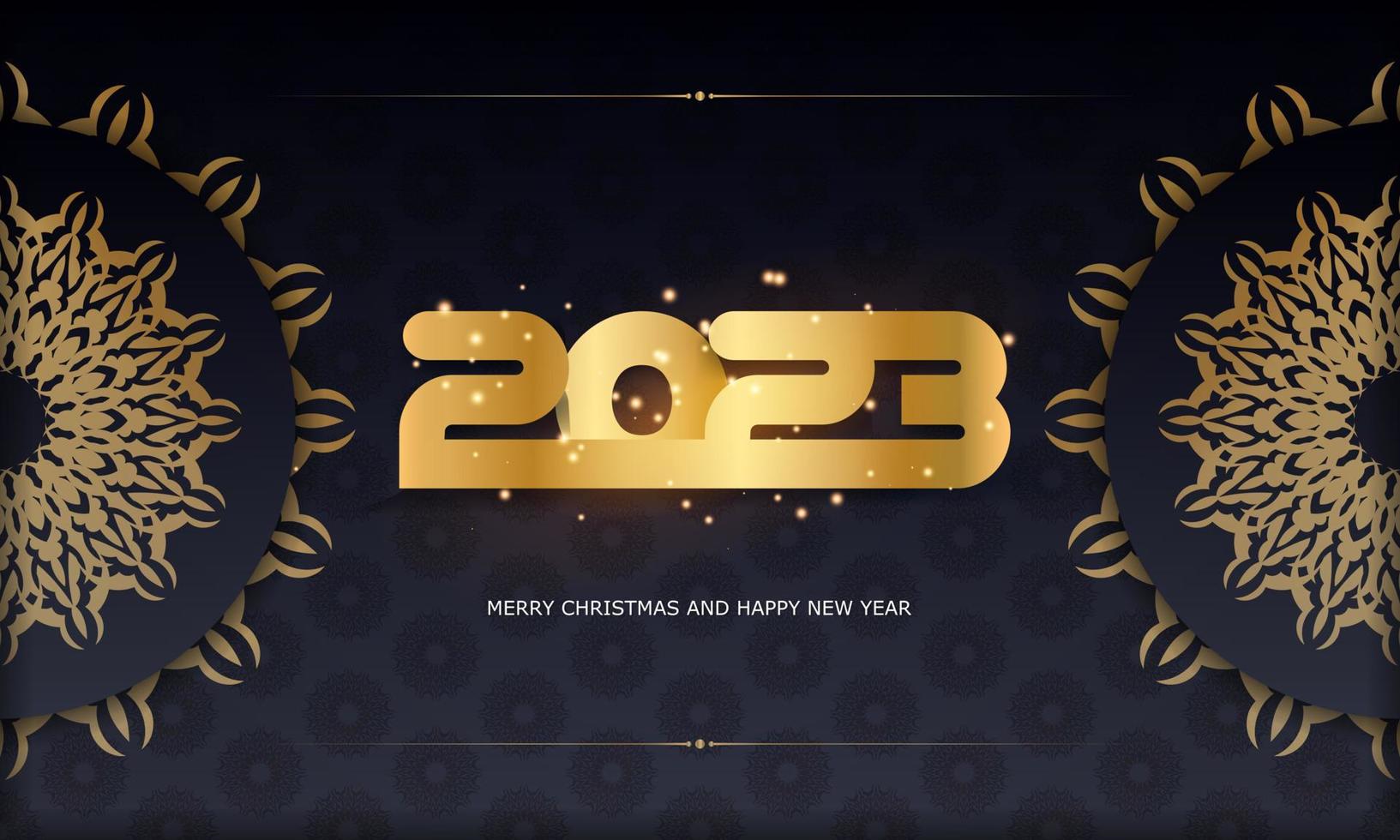 feliz año nuevo 2023 fondo de saludo. patrón dorado sobre negro. vector