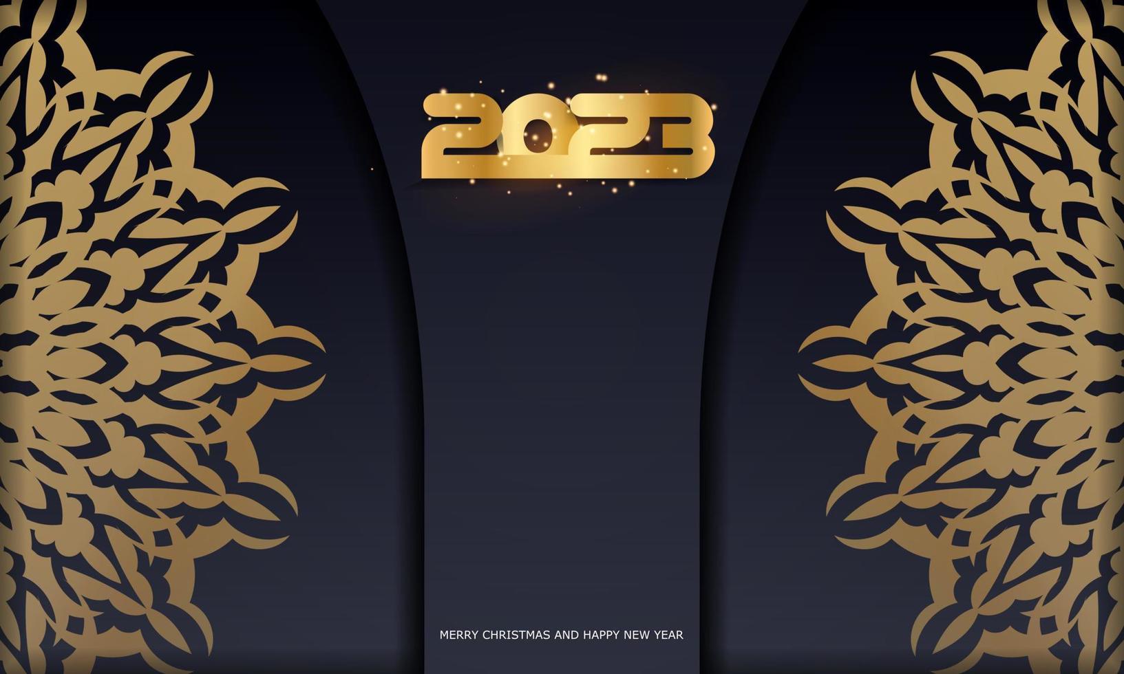 patrón dorado sobre negro. Banner de vacaciones de feliz año nuevo 2023. vector