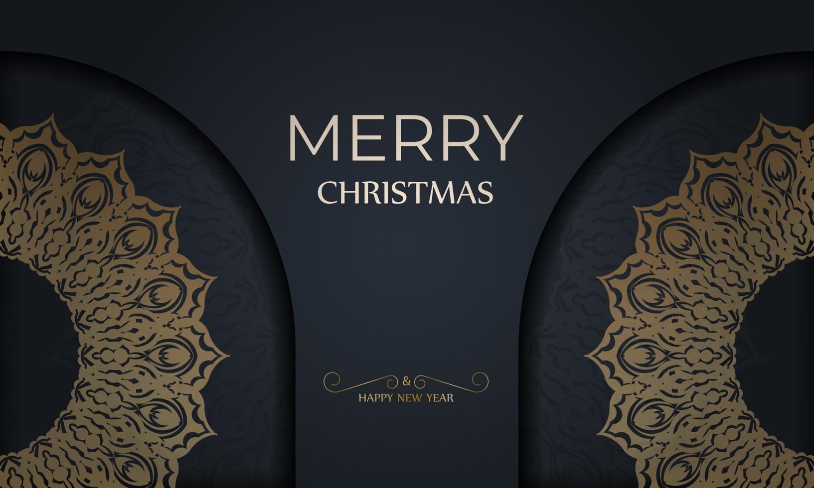 plantilla de folleto de saludo de feliz navidad y feliz año nuevo en color azul oscuro con patrón dorado vintage vector