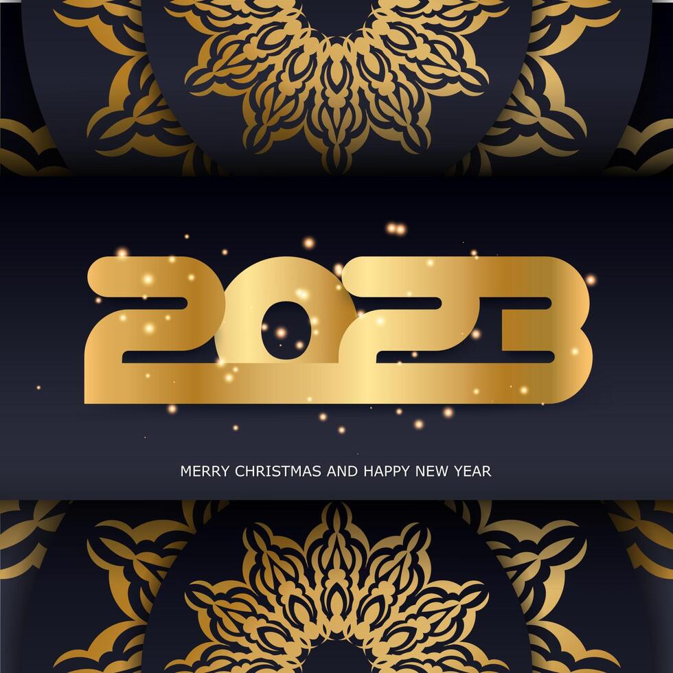 patrón dorado sobre negro. Banner de saludo de feliz año nuevo 2023. vector