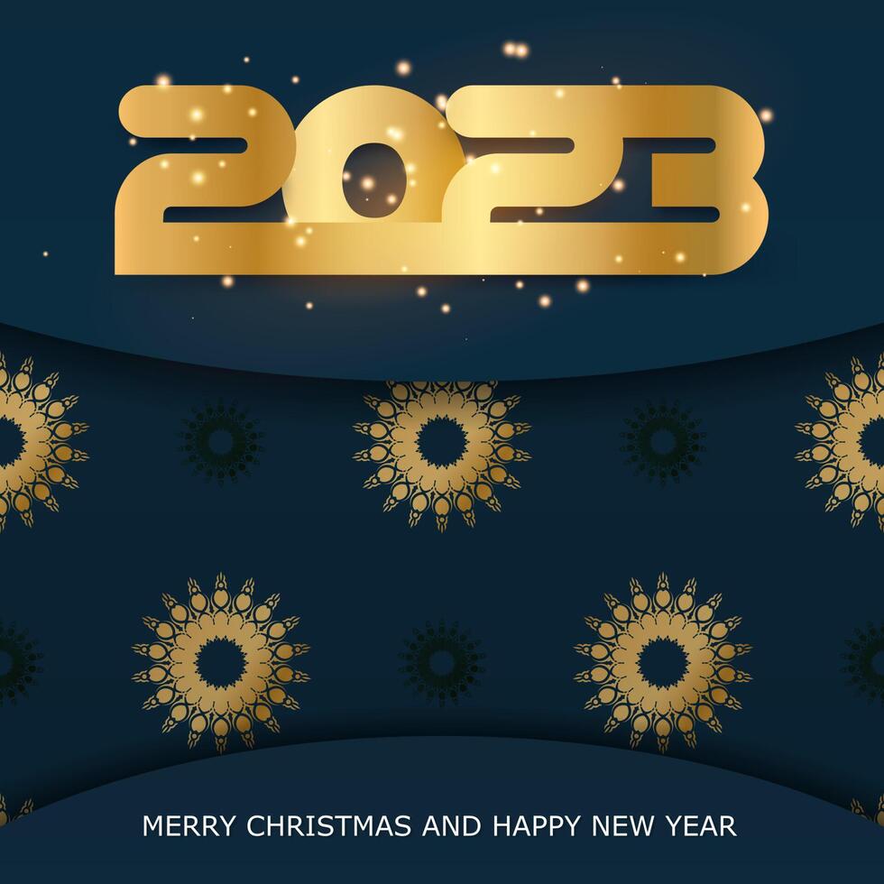 Fondo de saludo de feliz año nuevo 2023. patrón dorado en azul. vector