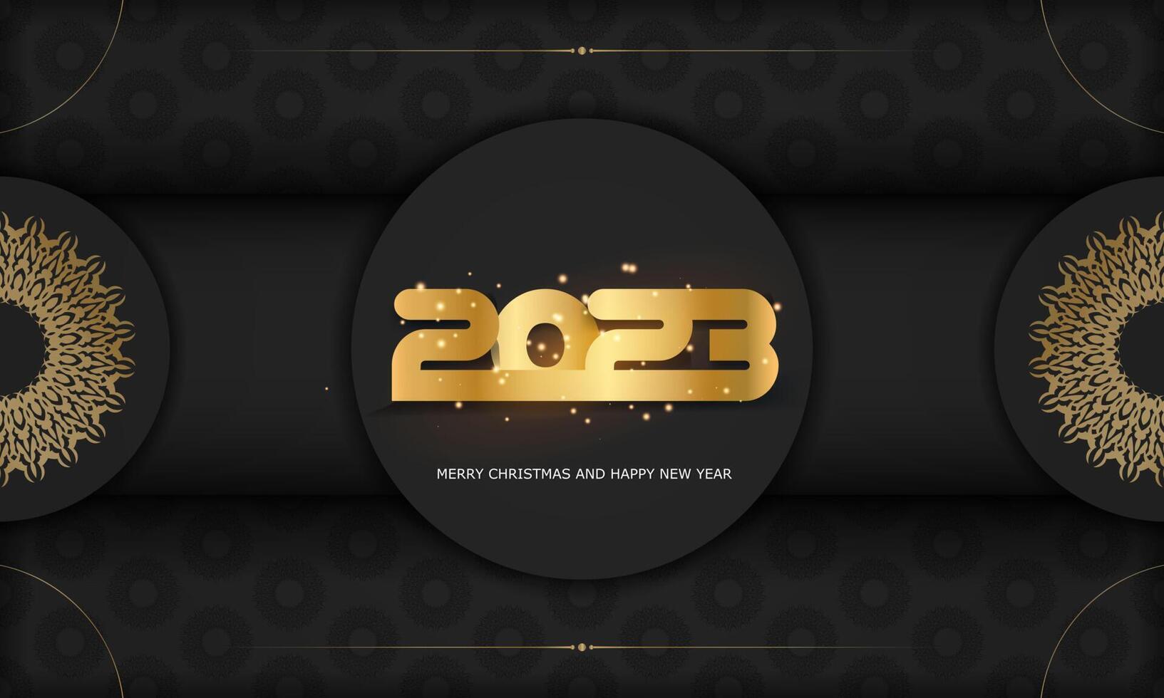 2023 Happy New Year greeting card. Black and gold color. vector