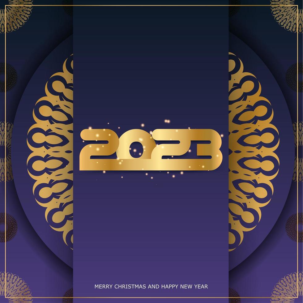 Tarjeta de felicitación festiva de feliz año nuevo 2023. patrón dorado en azul. vector