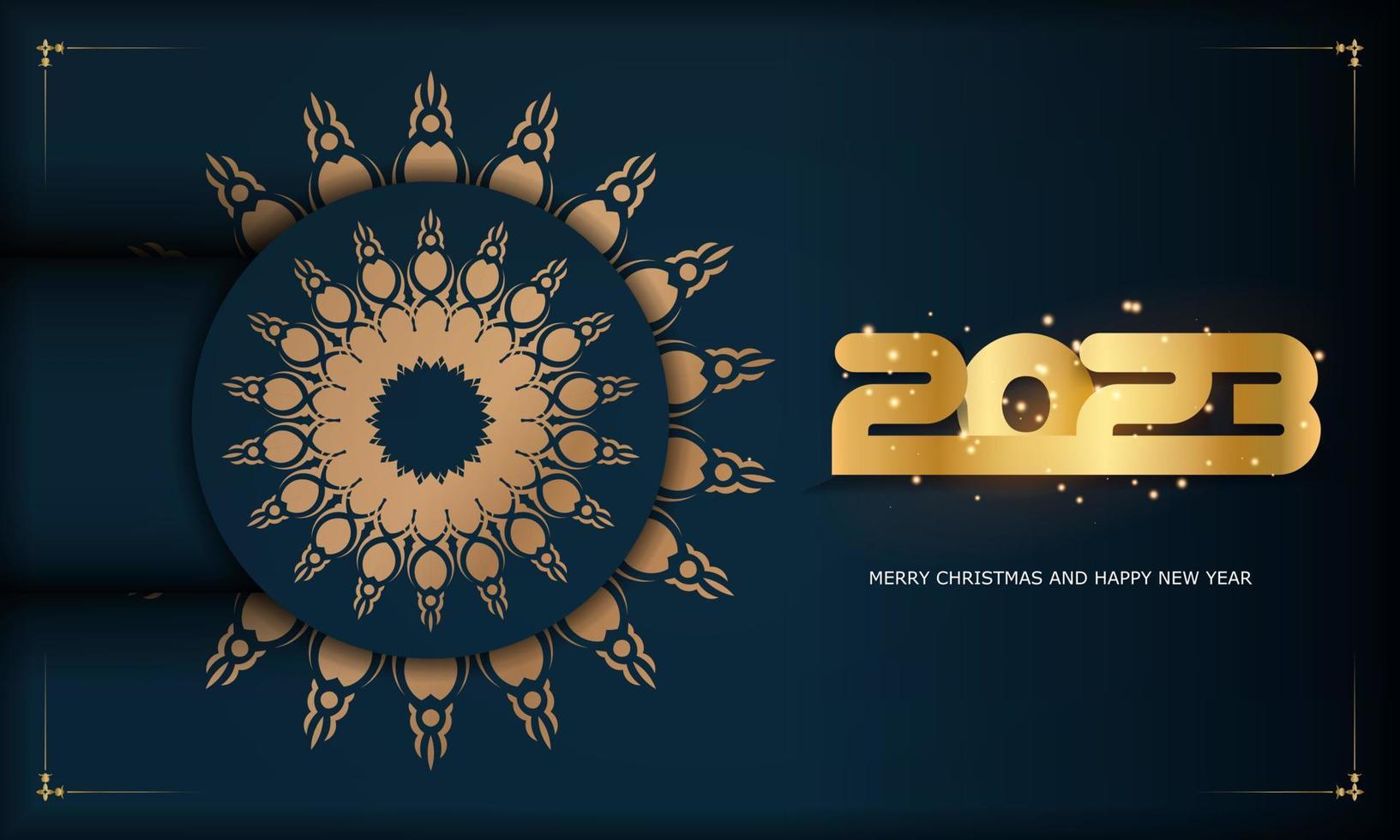 Afiche de saludo de feliz año nuevo 2023. color azul y dorado. vector