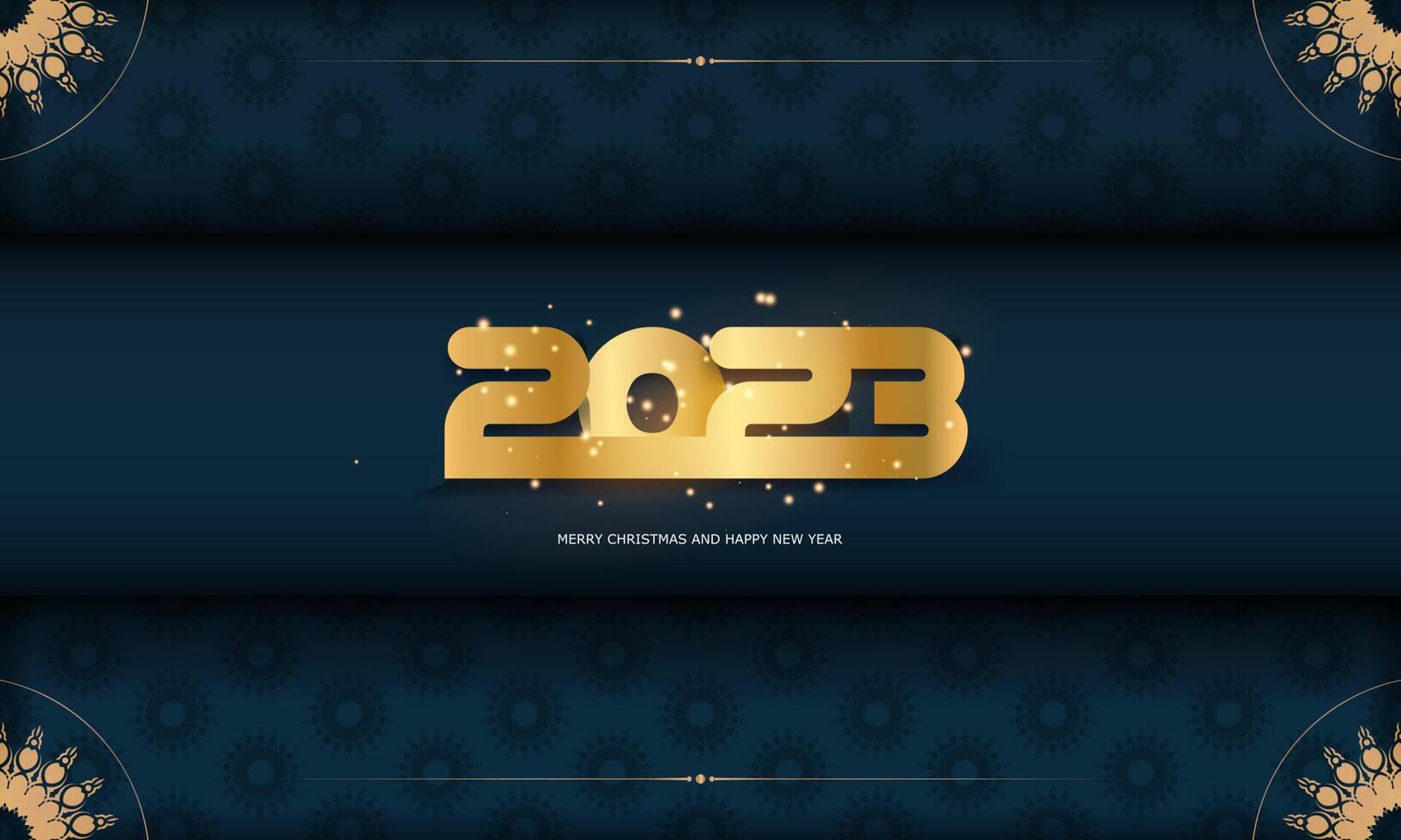 Afiche de saludo de feliz año nuevo 2023. color azul y dorado. vector