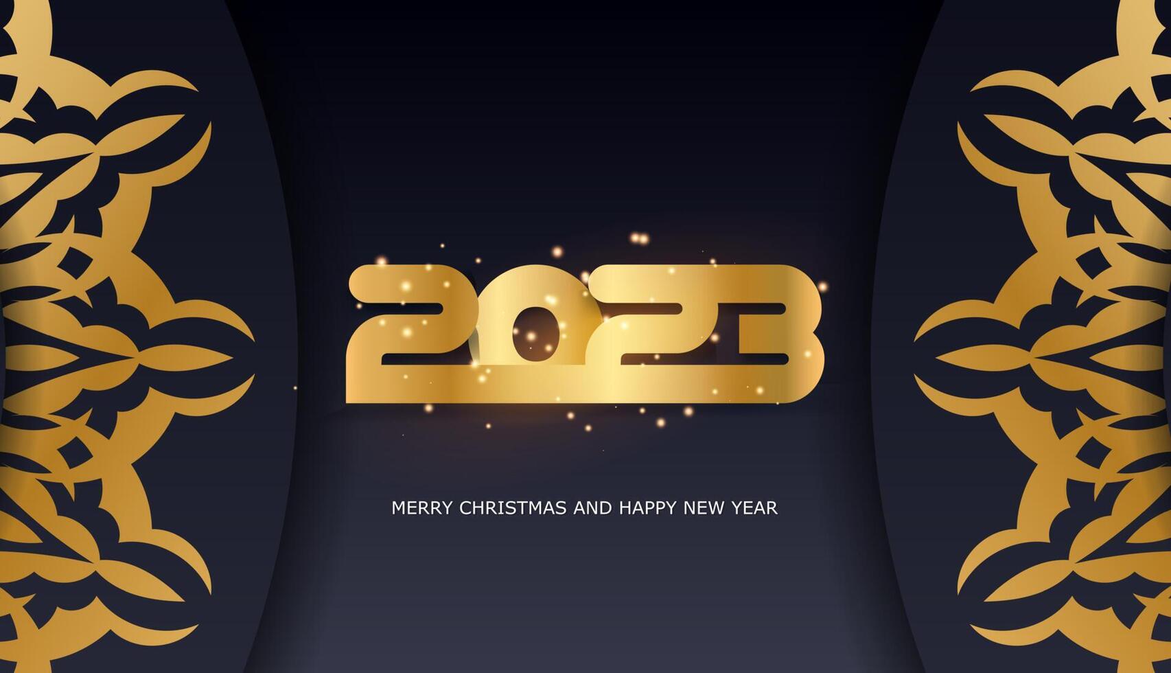 2023 Happy New Year festive greeting card. Black and gold color. vector